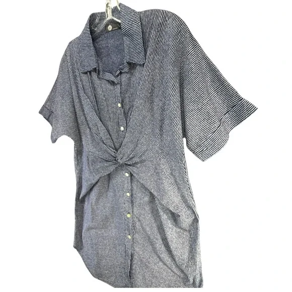 M Made in Italy Knot Front Shirt Dress Womens S Blue Striped Cotton Button Down - Picture 3 of 13